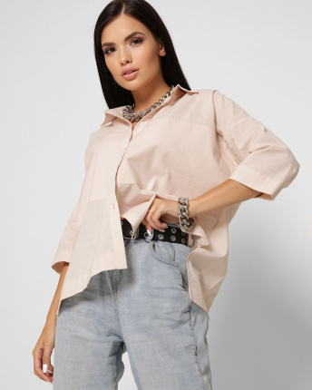 Бавовняна бежева блуза oversize 37398, Колір: Бежевий, Розмір: XS
