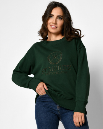 Женский зеленый свитшот с вышивкой "ST. Moritz" 52344, Цвет: Зеленый, Размер: M