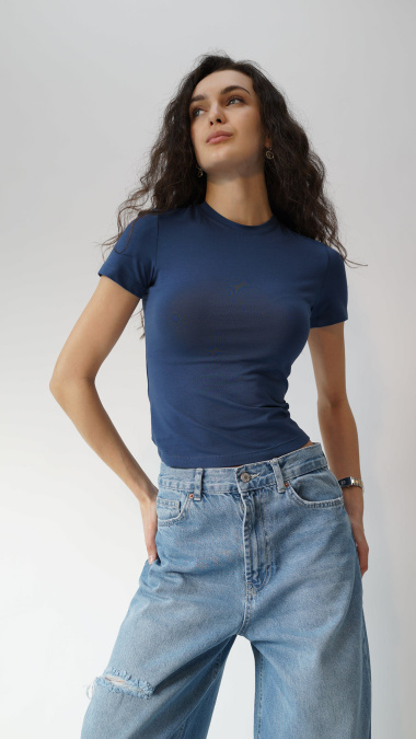 Футболка жіноча приталена Slim Standart CRC FS-261-35 57812, Колір: Джинс, Розмір: S, зображення 4