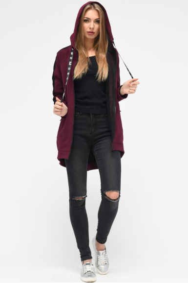 Удлиненная спортивная кофта с капюшоном и карманами цвет марсала 34573, Цвет: Бургунди, Размер: XS, изображение 2