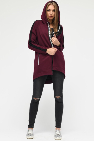 Удлиненная спортивная кофта с капюшоном и карманами цвет марсала 34573, Цвет: Бургунди, Размер: XS, изображение 3