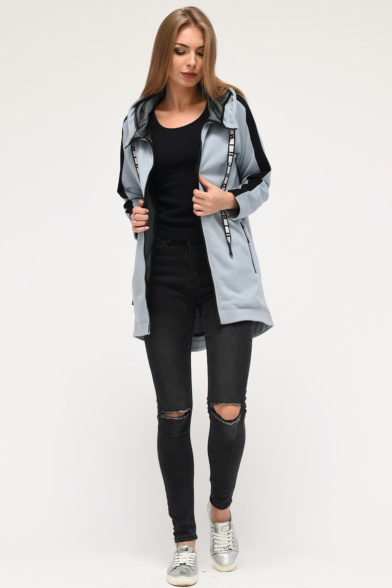 Удлиненная спортивная кофта с капюшоном и карманами цвет светло-серый 34571, Цвет: Голубой, Размер: S, изображение 3