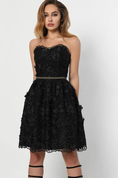 Черное платье беби-долл с цветочной аппликацией 36349, Цвет: Черный, Размер: XS, изображение 2