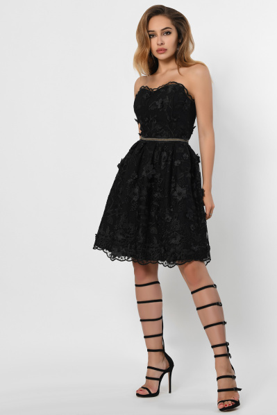 Черное платье беби-долл с цветочной аппликацией 36349, Цвет: Черный, Размер: XS, изображение 3