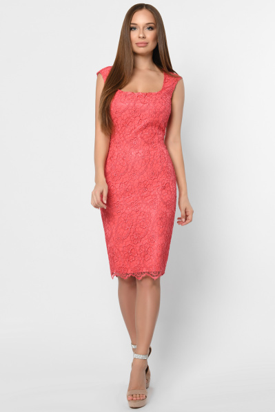 Святкова сукня-футляр з мереживом 36380, Колір: Корал, Розмір: S, зображення 2