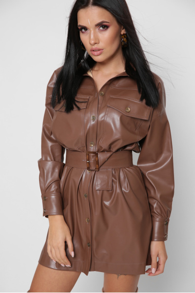 Короткое платье-рубашка с эко-кожи цвет коричневый 38295, Цвет: Коричневый, Размер: XS