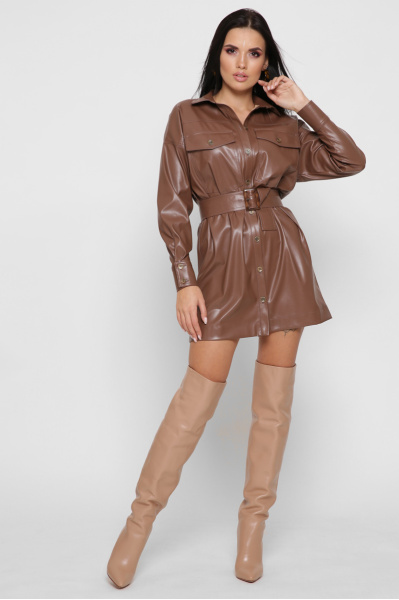 Коротка сукня-сорочка з еко-шкіри колір коричневий 38295, Колір: Коричневий, Розмір: XS, зображення 2