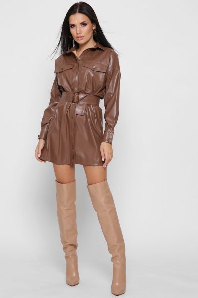 Коротка сукня-сорочка з еко-шкіри колір коричневий 38295, Колір: Коричневий, Розмір: XS, зображення 3