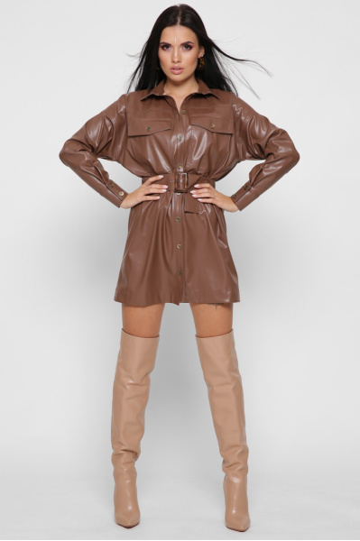 Коротка сукня-сорочка з еко-шкіри колір коричневий 38295, Колір: Коричневий, Розмір: XS, зображення 4
