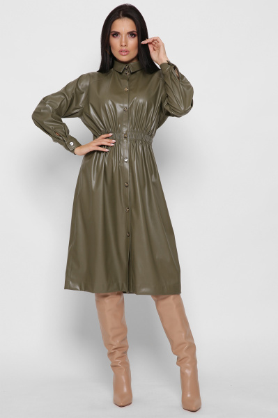 Шкіряна сукня-сорочка колір оливка 38298, Колір: Оливковий, Розмір: XS