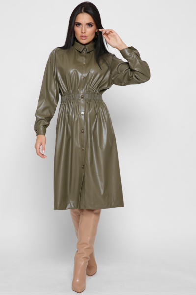 Шкіряна сукня-сорочка колір оливка 38298, Колір: Оливковий, Розмір: XS, зображення 3