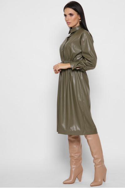 Шкіряна сукня-сорочка колір оливка 38298, Колір: Оливковий, Розмір: XS, зображення 4