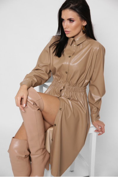 Шкіряна сукня-сорочка колір бежевий 38299, Колір: Бежевий, Розмір: S