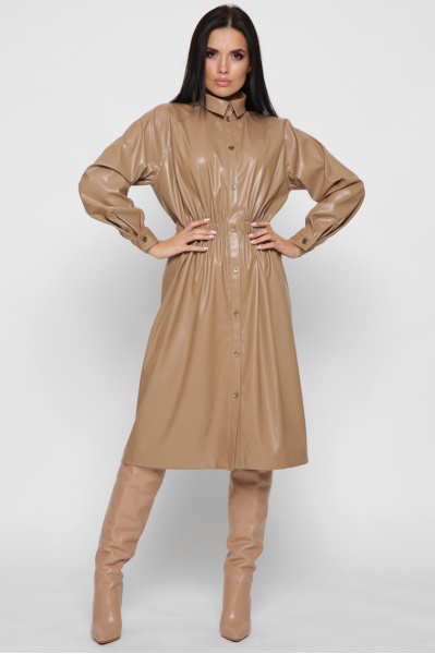 Кожаное платье-рубашка цвет бежевый 38299, Цвет: Бежевый, Размер: S, изображение 3