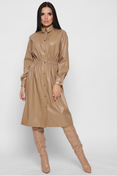 Кожаное платье-рубашка цвет бежевый 38299, Цвет: Бежевый, Размер: S, изображение 4