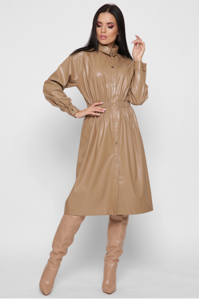 Кожаное платье-рубашка цвет бежевый 38299, Цвет: Бежевый, Размер: S, изображение 5