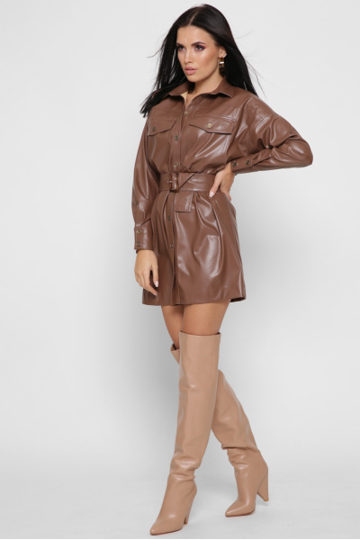 Коротка сукня-сорочка з еко-шкіри колір коричневий 38295, Колір: Коричневий, Розмір: XS, зображення 5