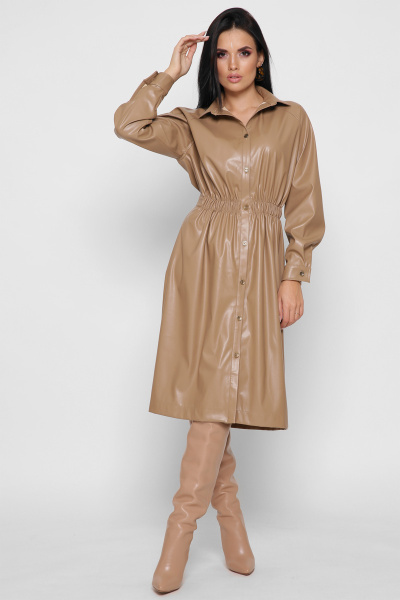Кожаное платье-рубашка цвет бежевый 38299, Цвет: Бежевый, Размер: S, изображение 2