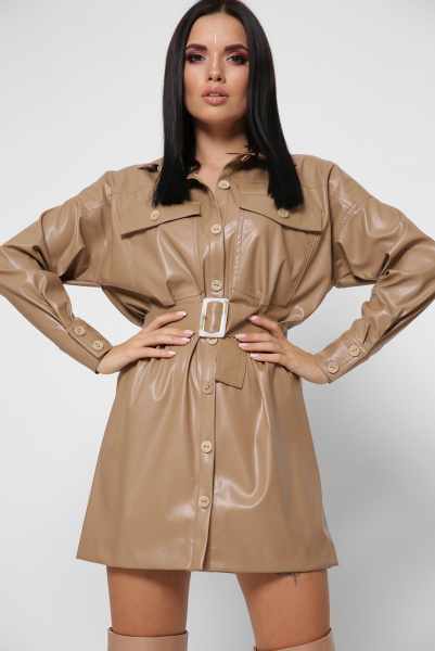 Короткое платье-рубашка из эко-кожи цвет бежевый 38297, Цвет: Бежевый, Размер: L