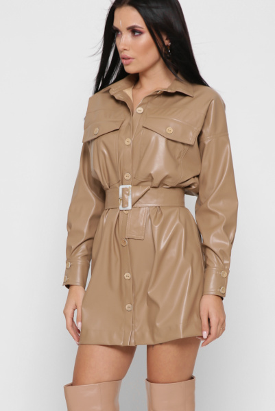 Короткое платье-рубашка из эко-кожи цвет бежевый 38297, Цвет: Бежевый, Размер: L, изображение 6