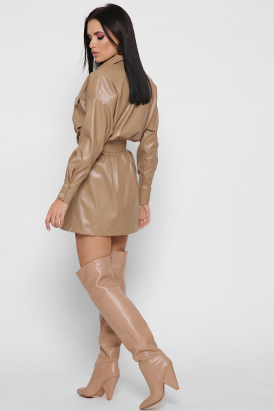 Короткое платье-рубашка из эко-кожи цвет бежевый 38297, Цвет: Бежевый, Размер: L, изображение 8