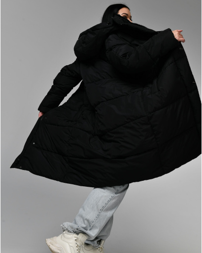 Довгий чорний жіночий пуховик 55652, Колір: Чорний, Розмір: L, зображення 3