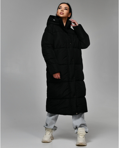 Довгий чорний жіночий пуховик 55652, Колір: Чорний, Розмір: L, зображення 5