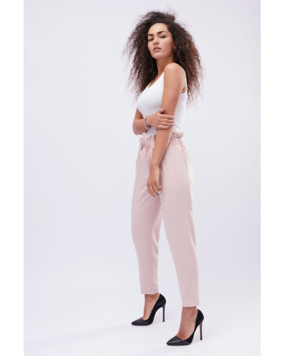 Пудровые брюки на резинке с завязкой 32574, Цвет: Пудровый, Размер: XS, изображение 2