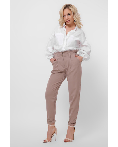 Женские бежевые брюки с рюшей на талии 36604, Цвет: Бежевый, Размер: XS, изображение 2