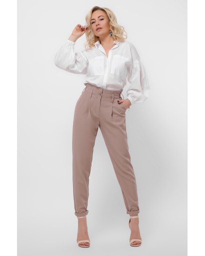 Женские бежевые брюки с рюшей на талии 36604, Цвет: Бежевый, Размер: XS, изображение 4