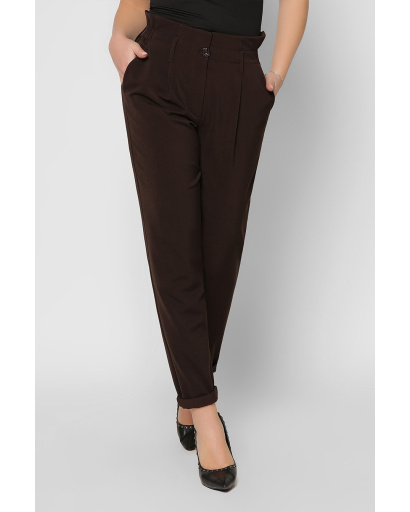 Звужені жіночі коричневі брюки з рюшею на талії 36605, Колір: Коричневий, Розмір: XS, зображення 2