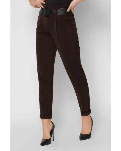 Звужені жіночі коричневі брюки з рюшею на талії 36605, Колір: Коричневий, Розмір: XS, зображення 4