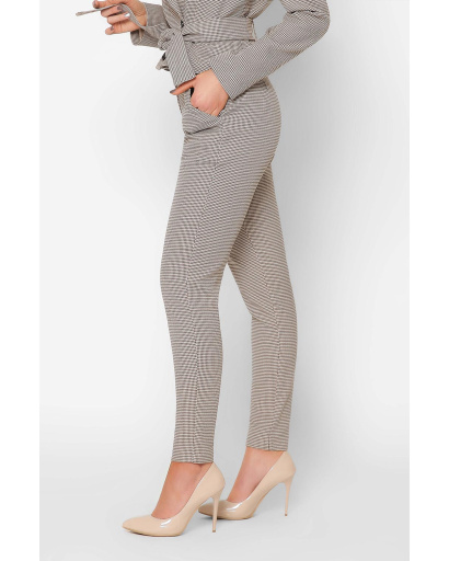 Костюмні брюки з поясом і візерунком гусяча лапка 36606, Колір: Бежевий, Розмір: XS, зображення 3