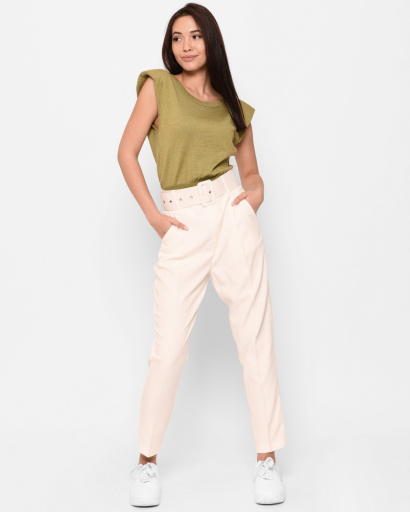 Легкие классические брюки с поясом 43334, Цвет: Молочний, Размер: S, изображение 4