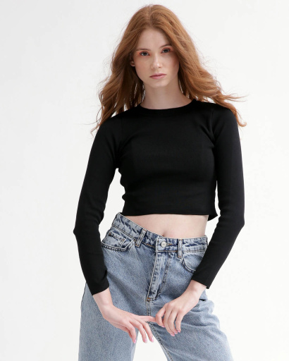 Трикотажний чорний кроп-топ 55793, Колір: Чорний, Розмір: ONE SIZE, зображення 2