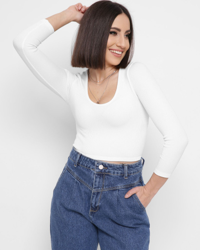 Білий облягаючий топ із довгими рукавами 43341, Колір: Молочний, Розмір: M-L, зображення 3