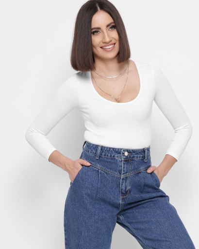 Білий облягаючий топ із довгими рукавами 43341, Колір: Молочний, Розмір: M-L, зображення 5