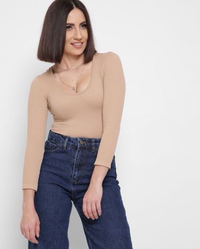 Бежевый облегающий топ с длинными рукавами 43344, Цвет: Бежевый, Размер: M-L, изображение 2