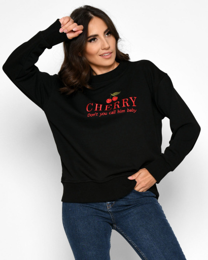 Женский черный свитшот с вышивкой "CHERRY" 52345, Цвет: Черный, Размер: M, изображение 2