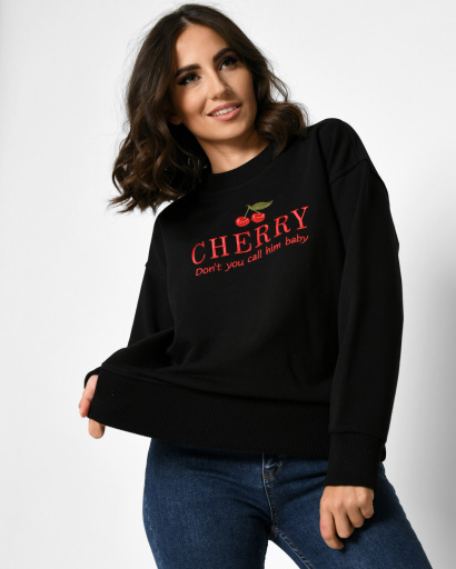 Женский черный свитшот с вышивкой "CHERRY" 52345, Цвет: Черный, Размер: M, изображение 4