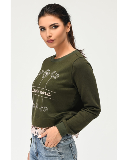 Короткий свитшот свободного кроя с принтом 31958, Цвет: Хаки, Размер: XS, изображение 2