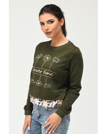 Короткий свитшот свободного кроя с принтом 31958, Цвет: Хаки, Размер: XS, изображение 3