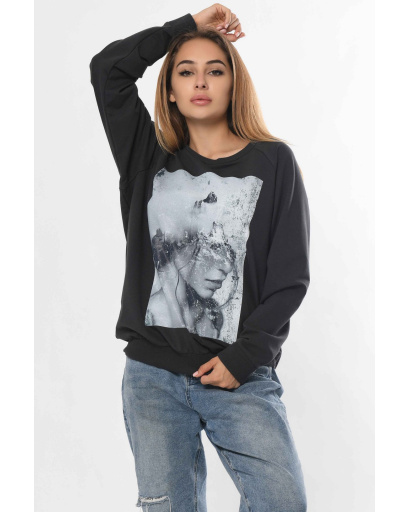 Графитовый свитшот с принтом "портрет девушки" 36307, Цвет: Графит, Размер: XS, изображение 2