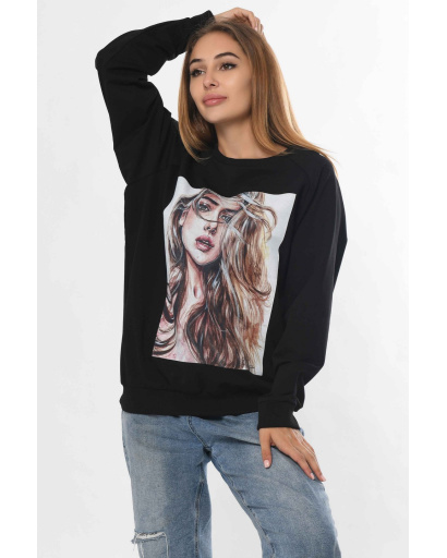 Черный свитшот – девушка с длинными волосами 36310, Цвет: Черный, Размер: XS, изображение 2