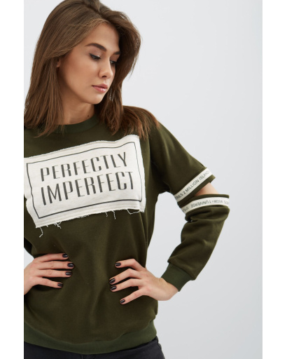 Молодежный хаки свитшот с нашивкой на груди 31964, Цвет: Оливковый, Размер: XS, изображение 5