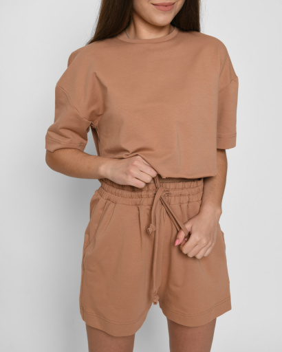 Літній костюм з кроп-топу та шортів колір пісок 48798, Колір: Кемел, Розмір: XS, зображення 5