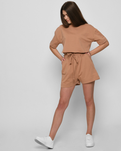 Літній костюм з кроп-топу та шортів колір пісок 48798, Колір: Кемел, Розмір: XS, зображення 3