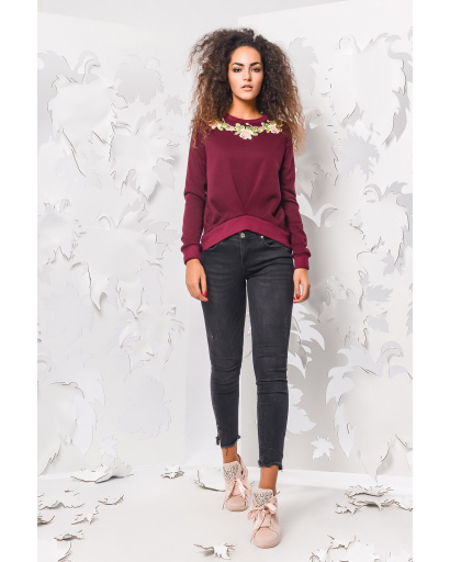 Стильный свитшот с нашивкой в ​​виде цветов 28691, Цвет: Бургунди, Размер: XS, изображение 2