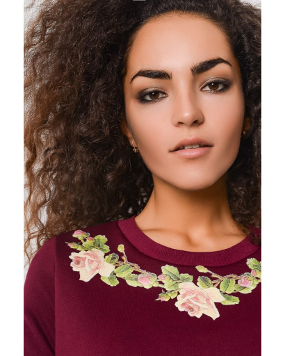 Стильный свитшот с нашивкой в ​​виде цветов 28691, Цвет: Бургунди, Размер: XS, изображение 3