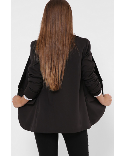 Удлиненный черный женский пиджак на пуговице 36018, Цвет: Черный, Размер: L, изображение 4